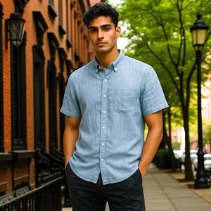 J Crew Chambray Shirt XL Slim Blue Linen Blend Button Up Beach Coastal Preppy